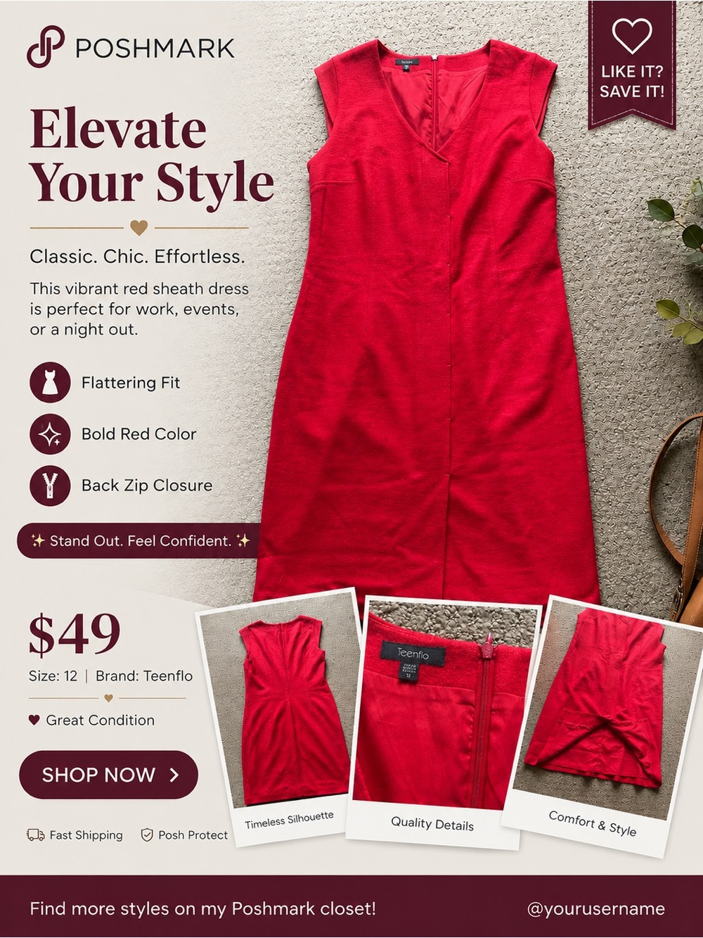 Teenflo 100% Virgin Wool Red Sheath Dress | Made in Canada | Size 12